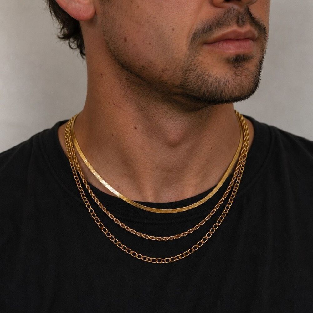 Triple Strand Gold Tone Chain Necklace, Layered Stacked